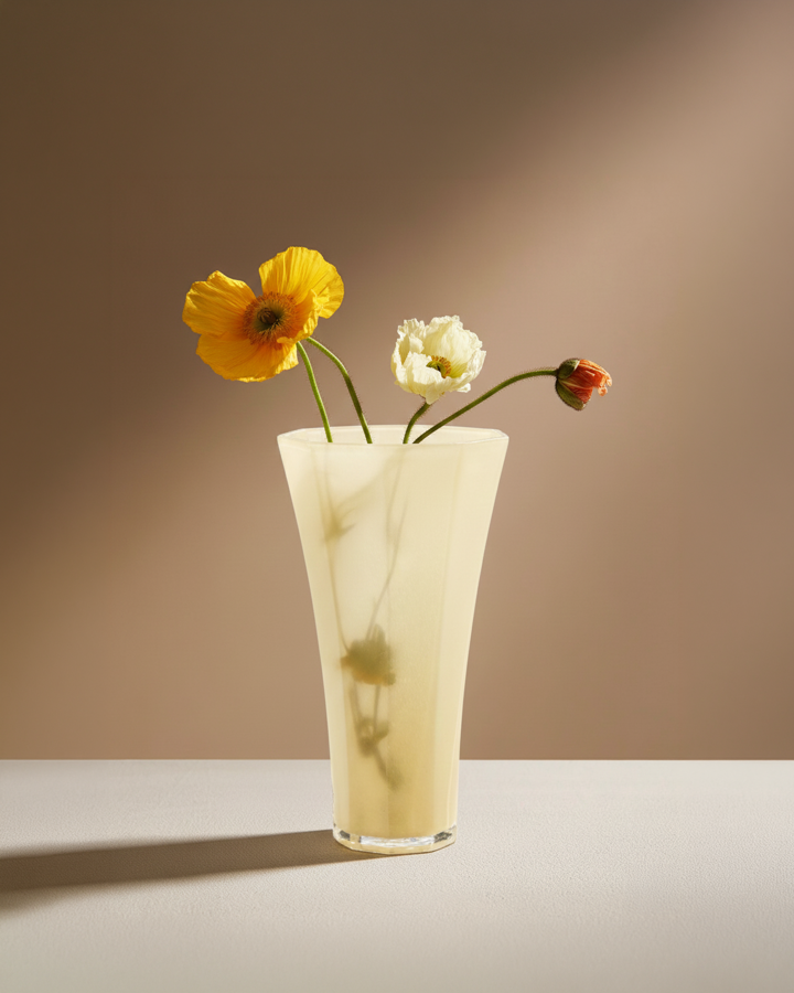 Tri kvietky v maslovo žltej sklenenej váze s hexagonálnou základňou na stole, kde preniká slnečné žiarenie.