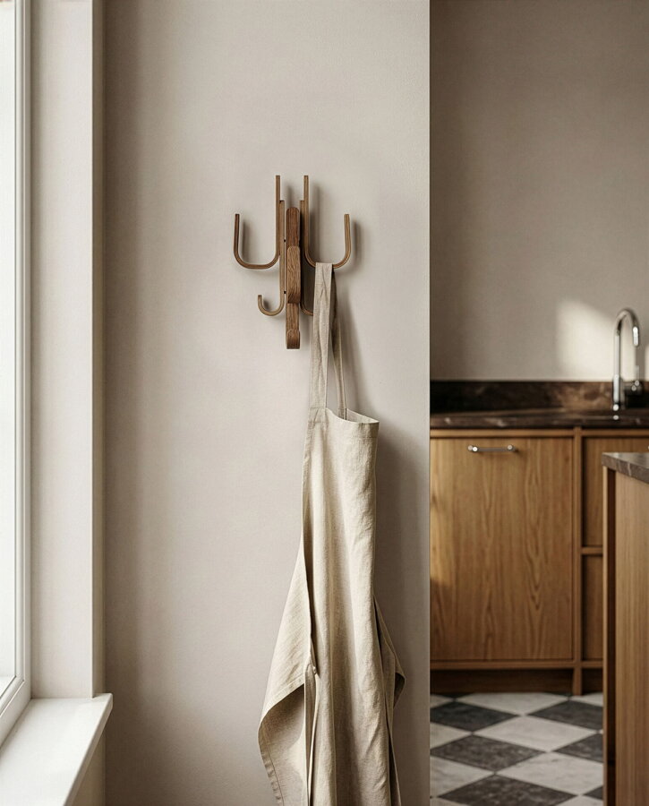 Nástenný tmavý dubový háčik v kuchyni, na ktorom je zavesená ľanová zástera.