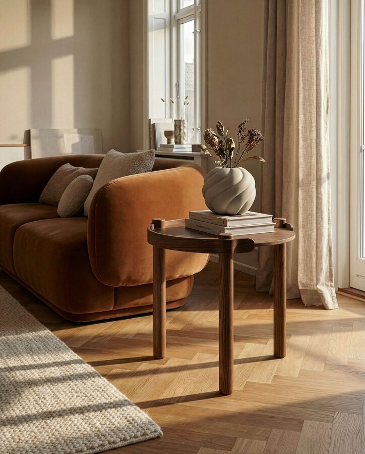 Tmavohnedý okrúhly príručný stolík Woody z dubového dreva na podlahe pred veľkým francúzskym oknom vedľa hnedej pohovky.