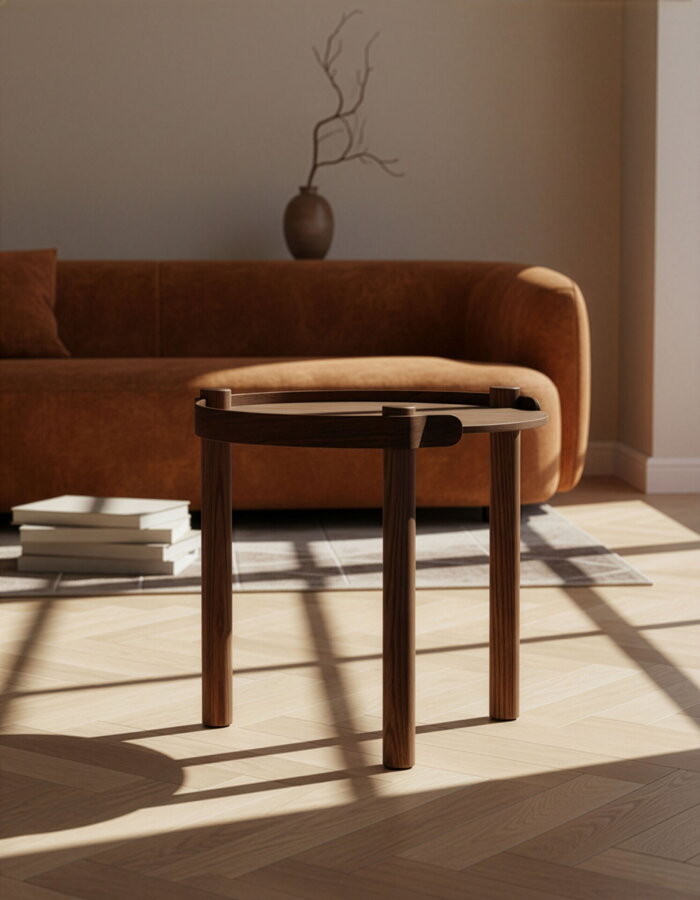 Tmavohnedý okrúhly príručný stolík Woody z dubového dreva na koberci pred hnedou pohovkou.