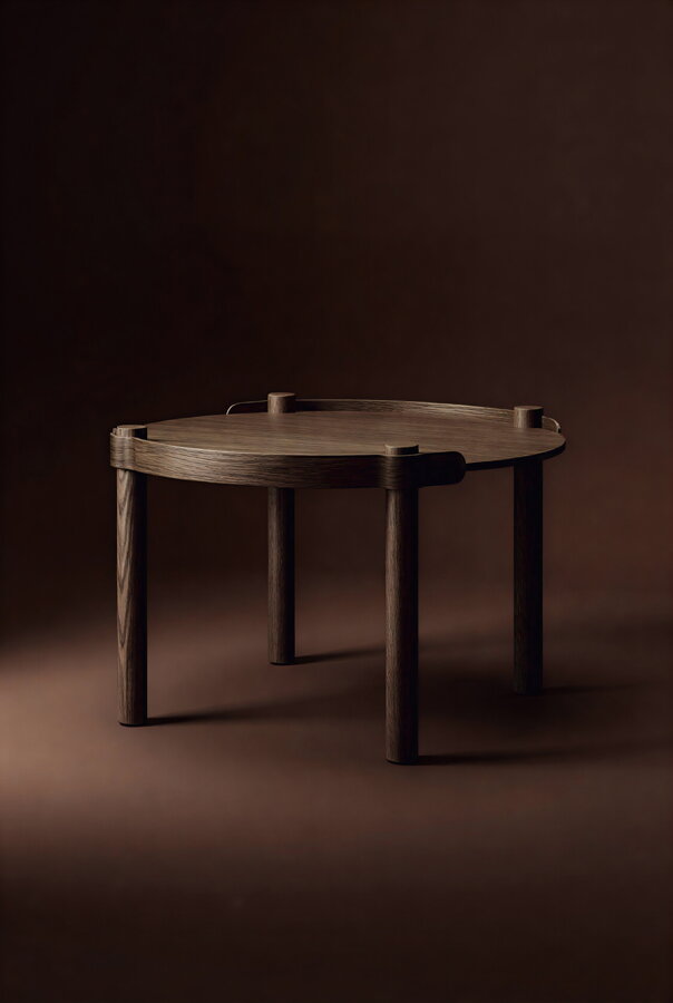 Okrúhly tmavohnedý dubový konferenčný stolík Woody Table.