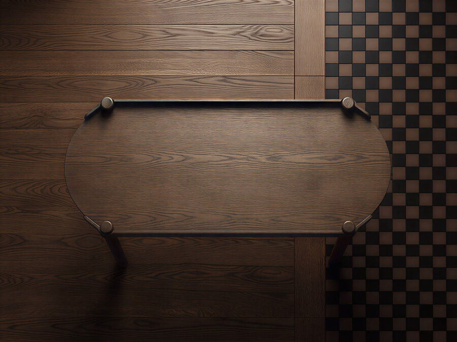 Dizajnový oválny stolík z tmavohnedého dubového dreva.