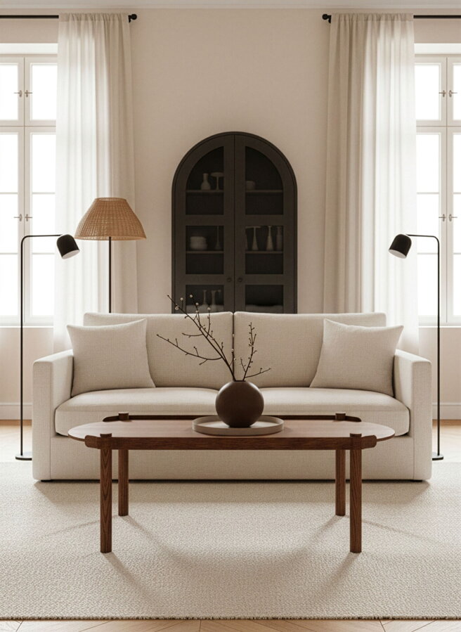 Tmavohnedý oválny konferenčný stolík vo svetlej obývačke na béžovom koberci pred béžovou pohovkou.