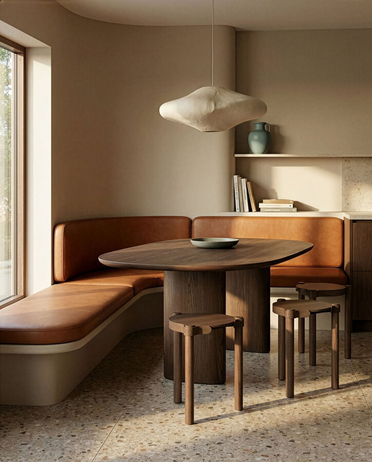 Tmavohnedý jedálenský stôl so stoličkami a jedálenskou čalúnenou lavicou.