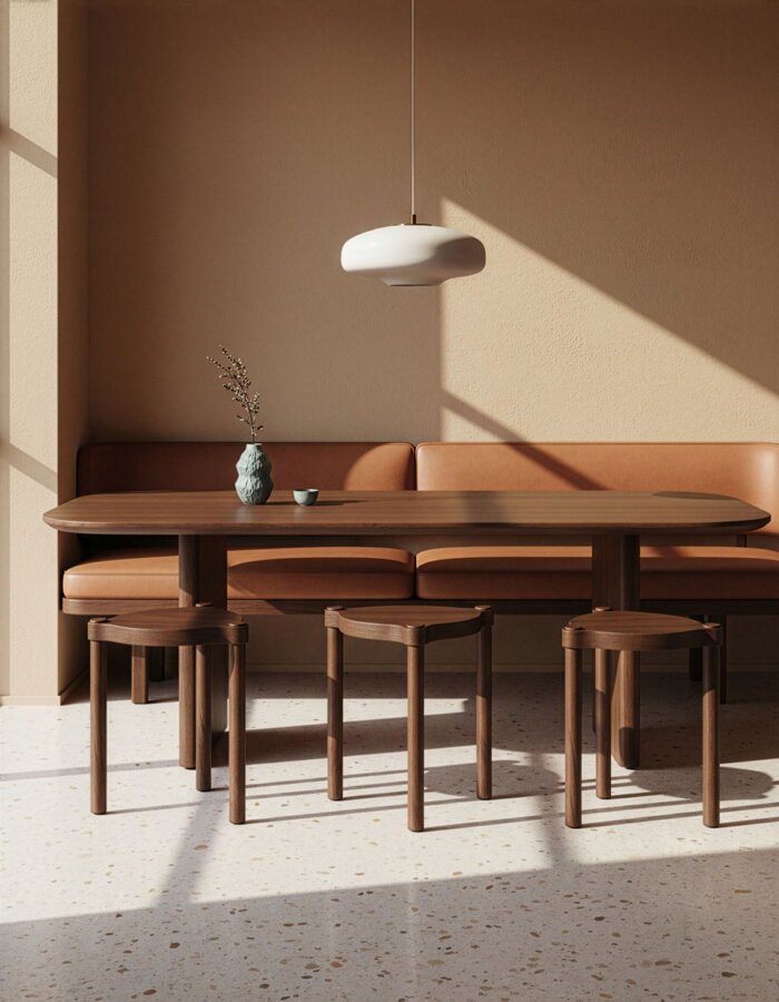 Tmavohnedý jedálenský stôl so stoličkami a jedálenskou čalúnenou lavicou.