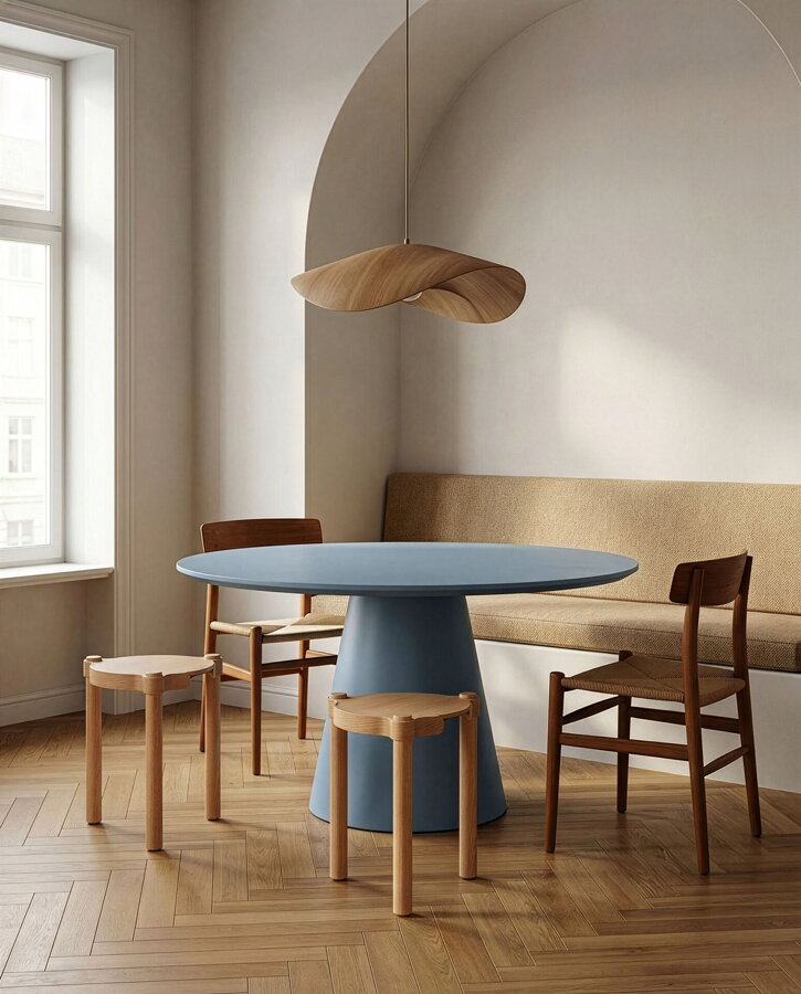 Prírodné dubové stoličky a stolčeky okolo modrého okrúhleho jedálenského stola, vedľa jedálenskej čalúnenej lavice.