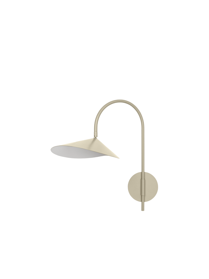Elegantná nástenná lampa Arum s otočným ramenom a tienidlom z práškovaného kovu kašmírovej farby, s priamym zapojením do steny.