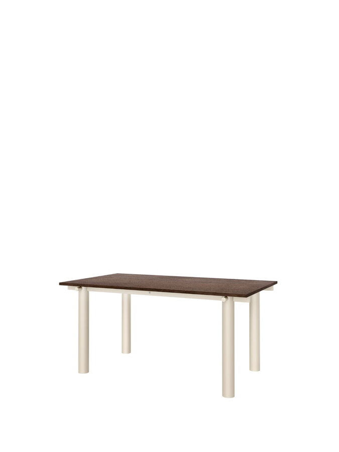 Jedálenský stôl Atura s rozmermi 160 x 90 cm, s tmavohnedou dubovou stolovou doskou s drevotrieskovým jadrom, a oceľovými nohami kašmírovej farby.