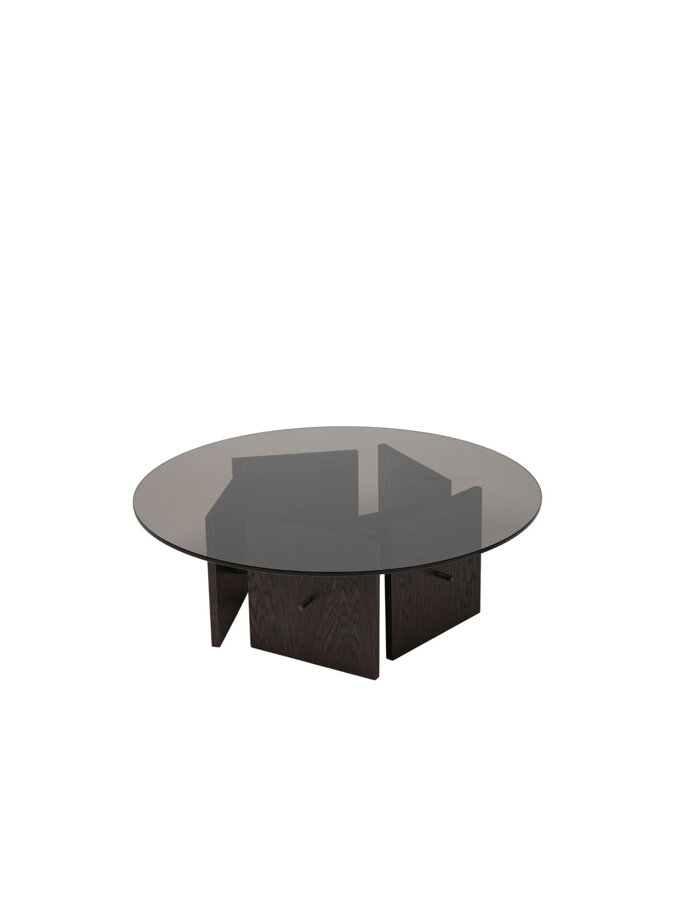 Tmavohnedý konferenčný stolík Aukko z dubového dreva a s okrúhlou stolovou doskou z tónovaného skla