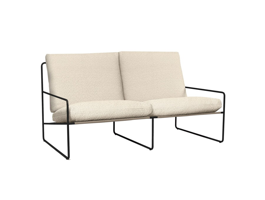 2-miestna outdoorová pohovka Desert v čalúnení Pure Bouclé vo farbe off-white, s čiernou kovovou konštrukciou.