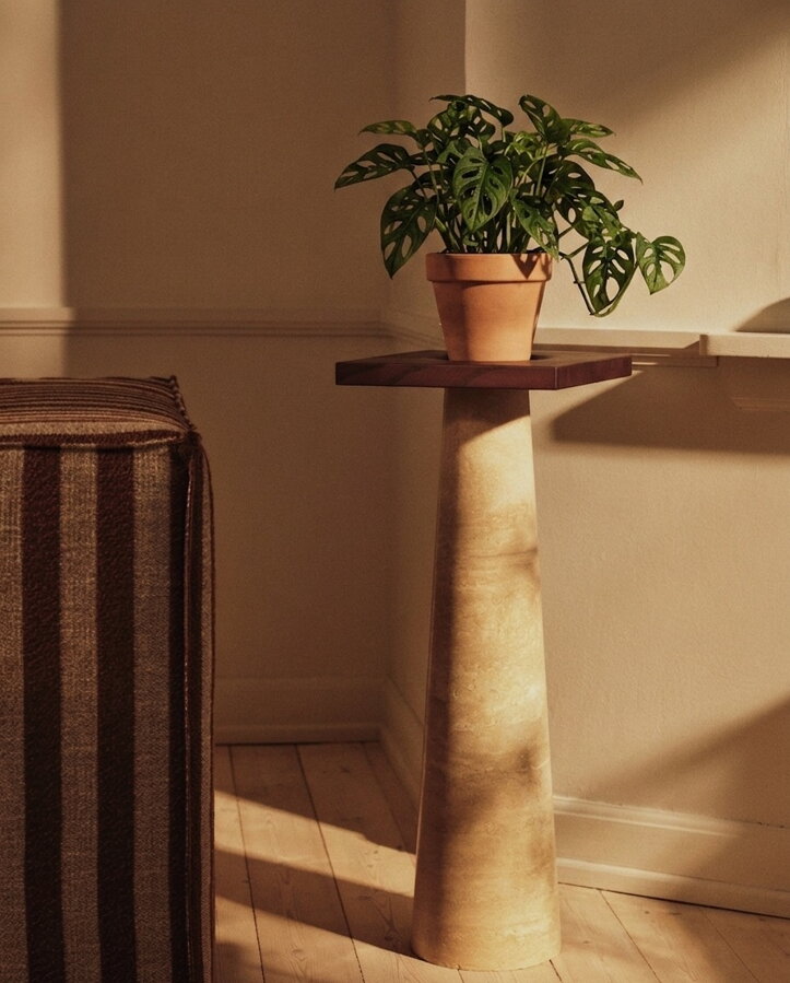 Podstavec Grova z travertínu prírodnej farby a karbonizovaného jaseňového dreva, na ktorom je položená izbová rastlina.