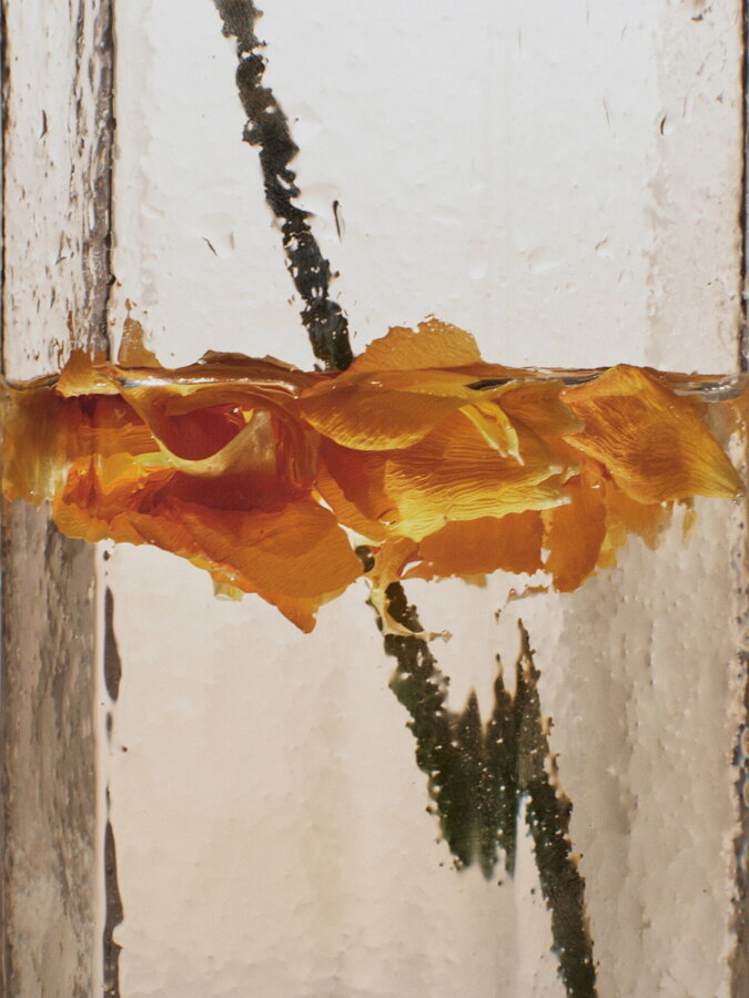 Detail na sklenený povrch číreho pohára  s vodou a kúskami ovocia.