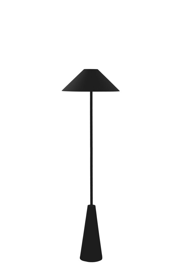 Čierna prenosná stojanová lampa v nastavenej nižšej výške.