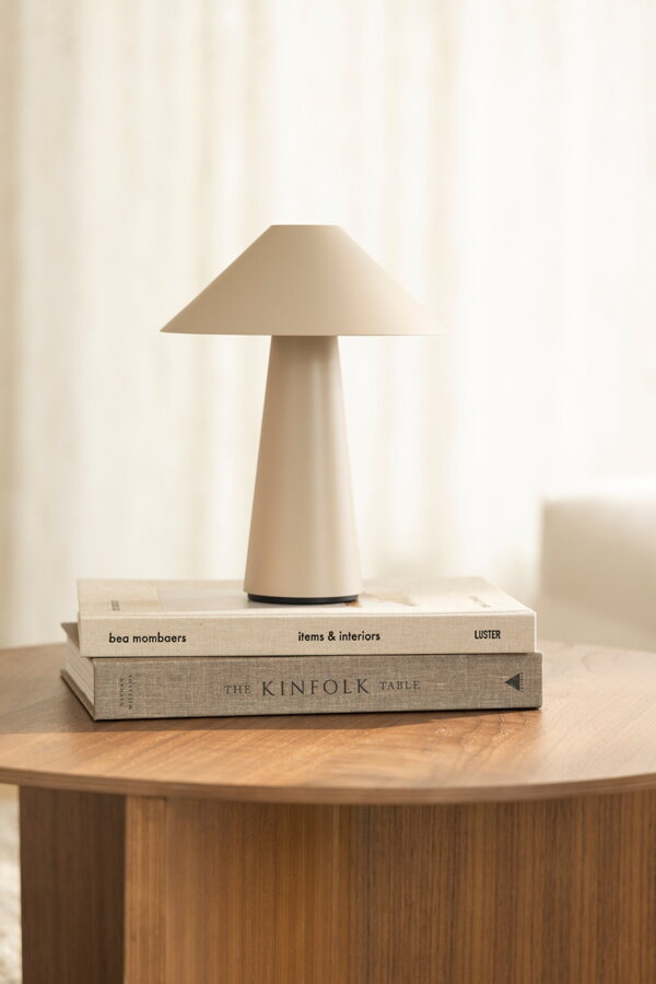 Hnedosivá prenosná stolová lampa položená na kôpke kníh na drevenom stole.