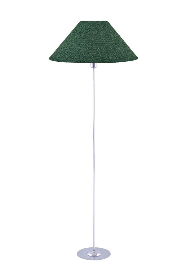 Kovová stojanová lampa so zeleným textilným tienidlom.