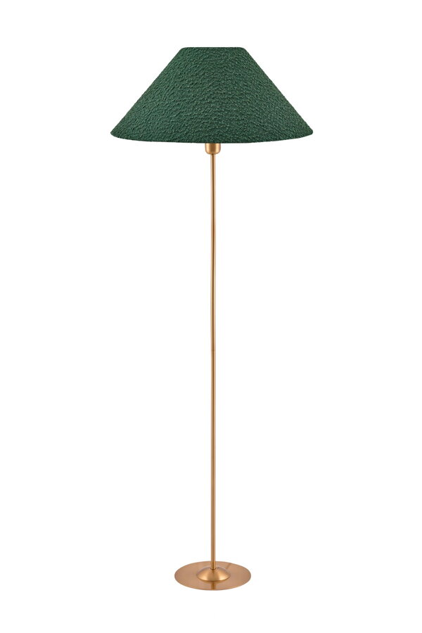 Kovová stojanová lampa so zeleným textilným tienidlom.