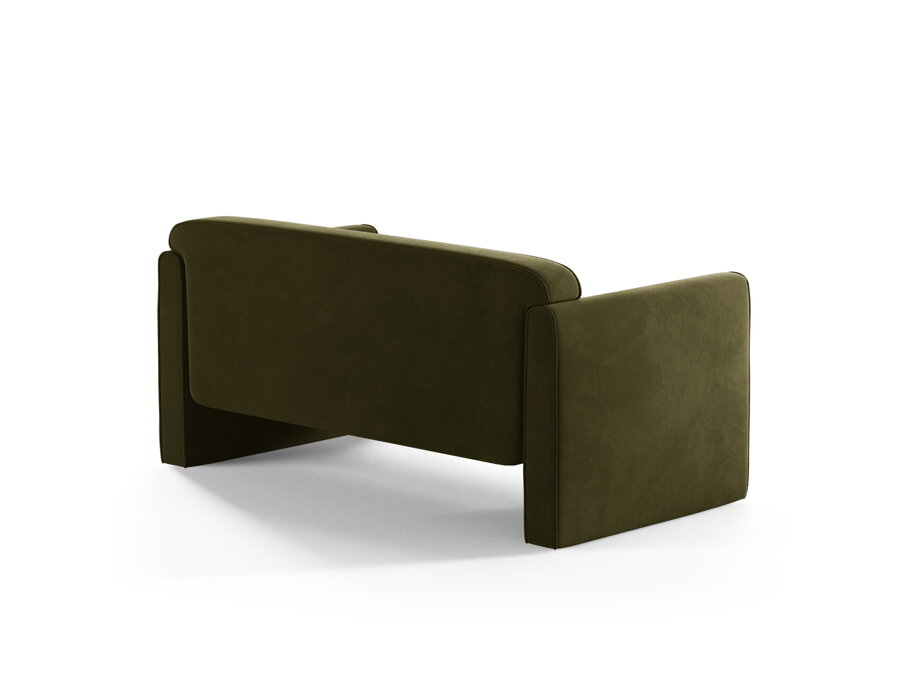 Zelená čalúnená 2-miestna pohovka a pohľad na jej zadnú stranu.