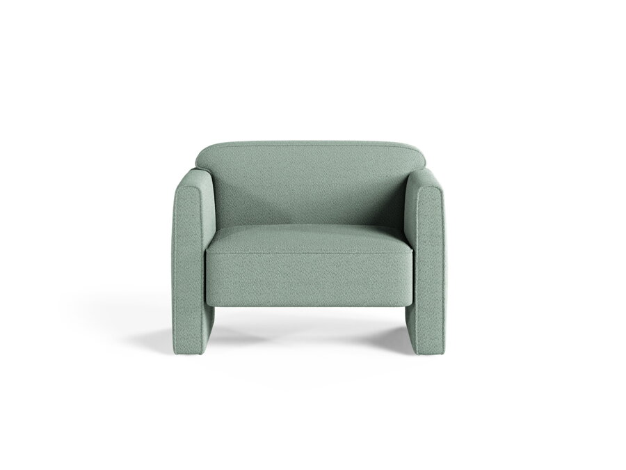 Kreslo Abby v čalúnení Boucle (Coral) vo svetlej pepermintovej farbe.