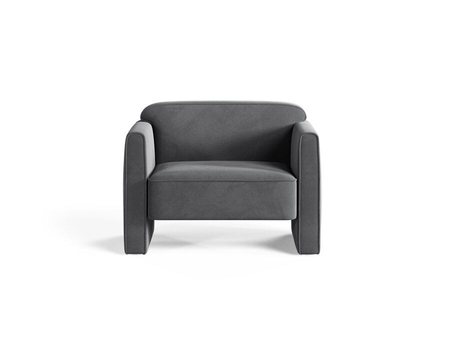 Kreslo Abby v zamatovom čalúnení sivej farby.