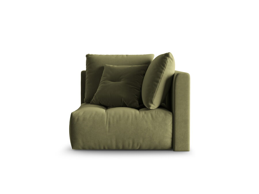 Svetlozelený rohový modul modulárnej sedačky Bloom v zamatovom čalúnení s dekoratívnymi vankúšmi.