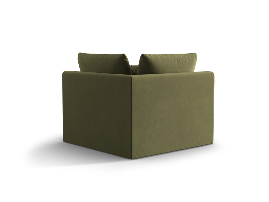 Svetlozelený rohový modul modulárnej sedačky Bloom v zamatovom čalúnení s dekoratívnymi vankúšmi a pohľad na zadnú stranu.
