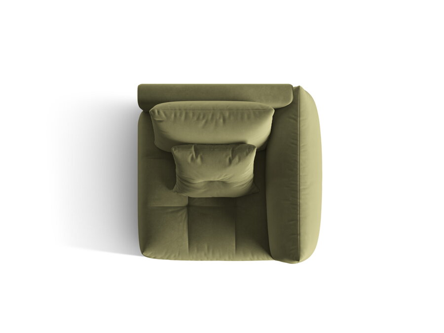 Zamatový rohový modul Bloom s podrúčkou svetlej zelenej farby s dekoratívnymi vankúšmi.