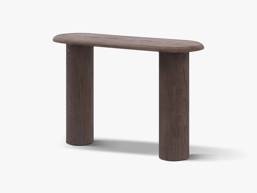 Moderný oválny konzolový stolík Bufi z jaseňového dreva tmavohnedej farby.