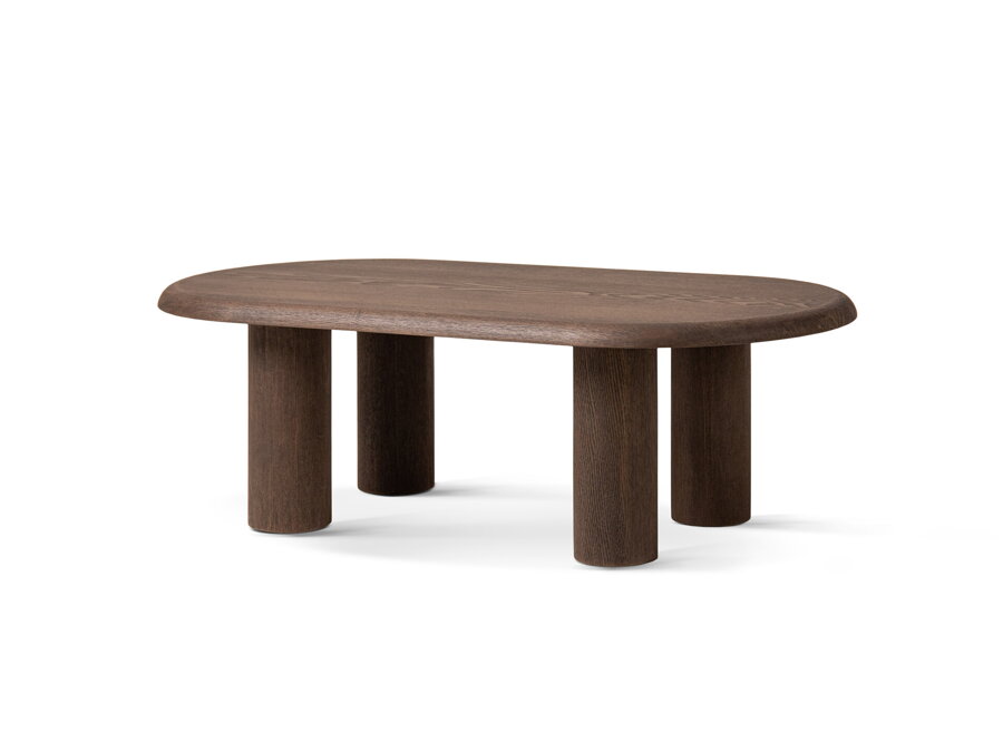 Moderný oválny konferenčný stolík Bufi z jaseňového dreva tmavohnedej farby.
