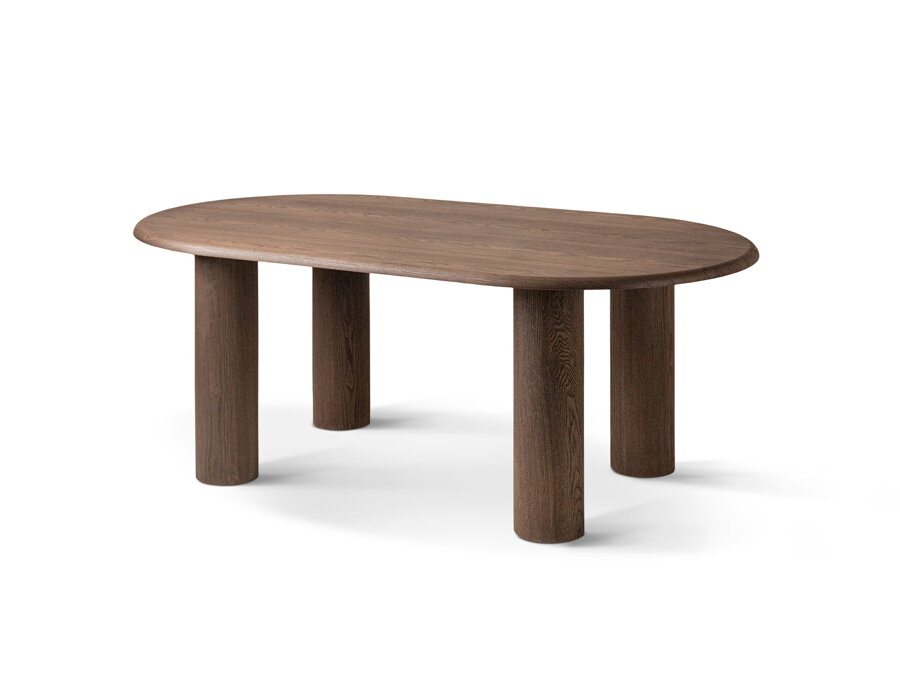 Elegantný oválny jedálenský stôl Bufi z jaseňového dreva tmavohnedej farby.