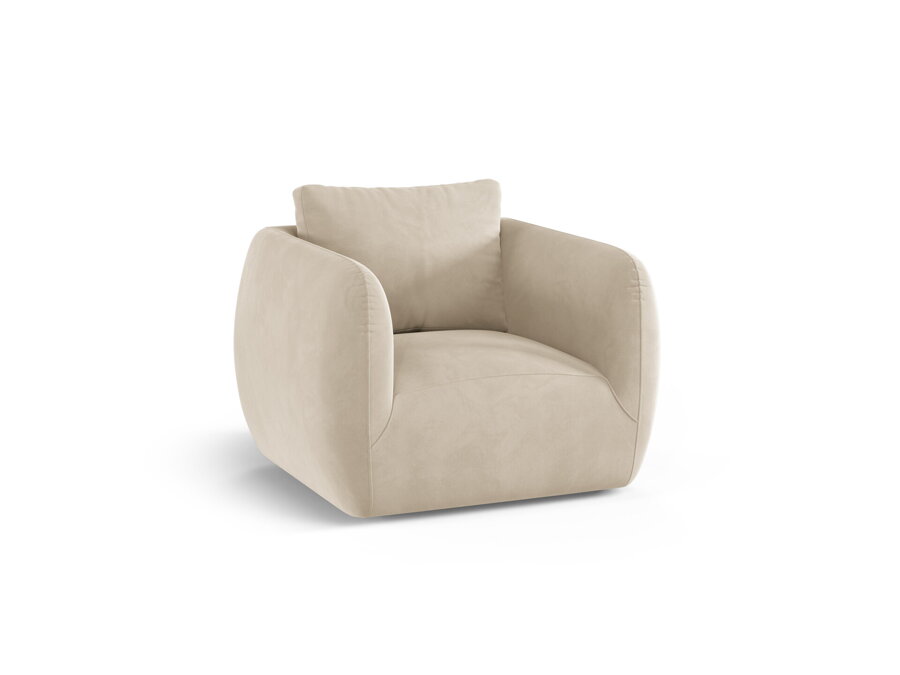 Otočné kreslo Iga v zamatovom čalúnením béžovej farby.