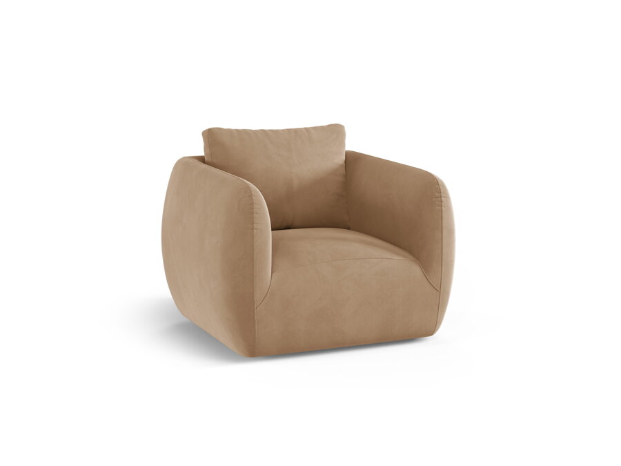 Otočné kreslo Iga v zamatovom čalúnením pieskovej farby.