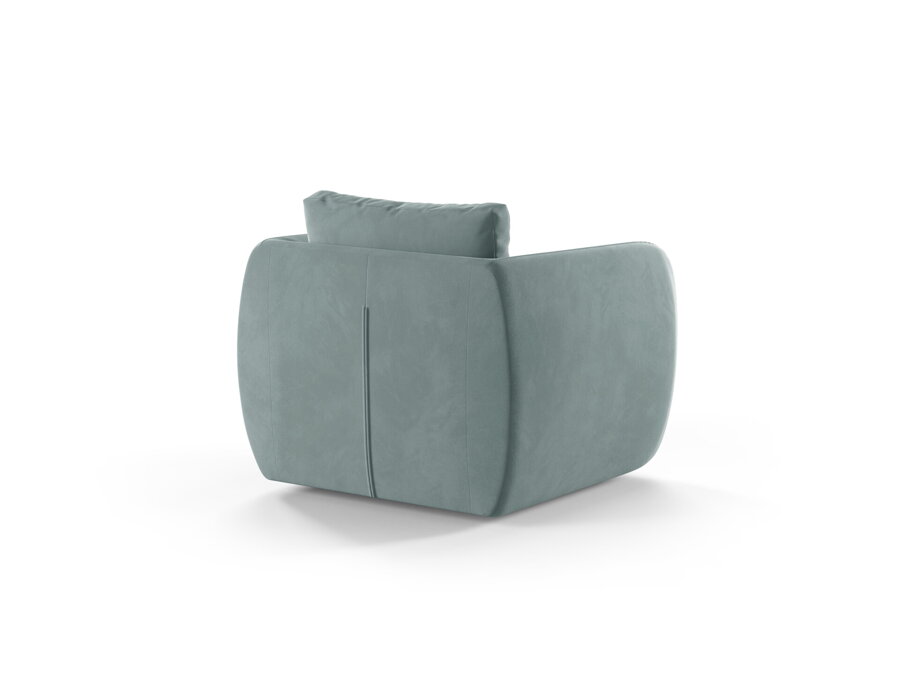 Otočné kreslo Iga v zamatovom čalúnením svetlomodrej farby a pohľad na jeho zadnú stranu.