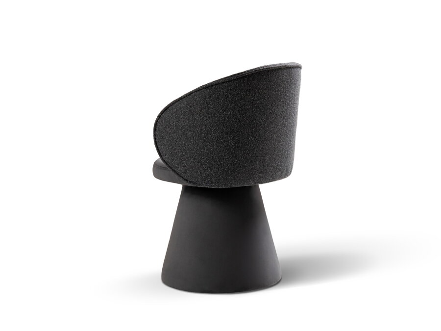 Otočná jedálenská stolička Inez s dvojitým čalúnením sivej farby a pohľad zo zadu.