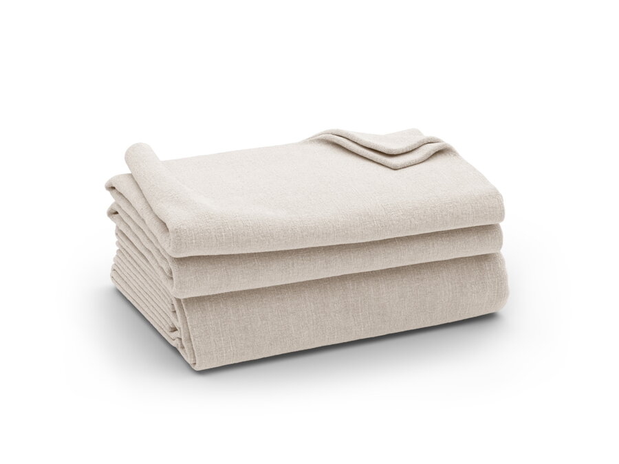 Poskladaný poťah na 4-miestnu pohovku Jodie z tkaniny s ľanovým efektom béžovej farby.