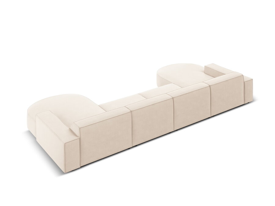 6-miestna rohová sedačka Jodie v čalúnení Velvet (Bluvel) vo farbe Light beige a pohľad na jej zadnú časť.