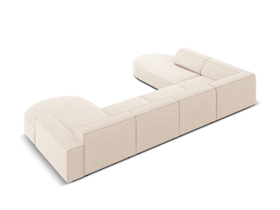 7-miestna rohová sedačka Jodie v čalúnení Velvet (Bluvel) vo farbe Light beige a pohľad na jej zadnú časť.