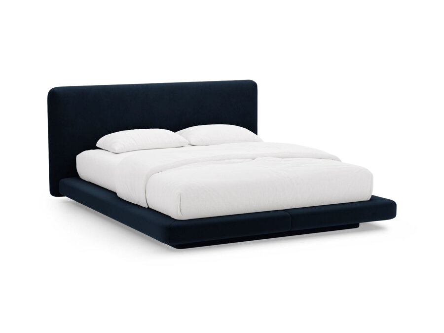 Ustlaná manželská posteľ Linea v čalúnení tmavomodrej farby.