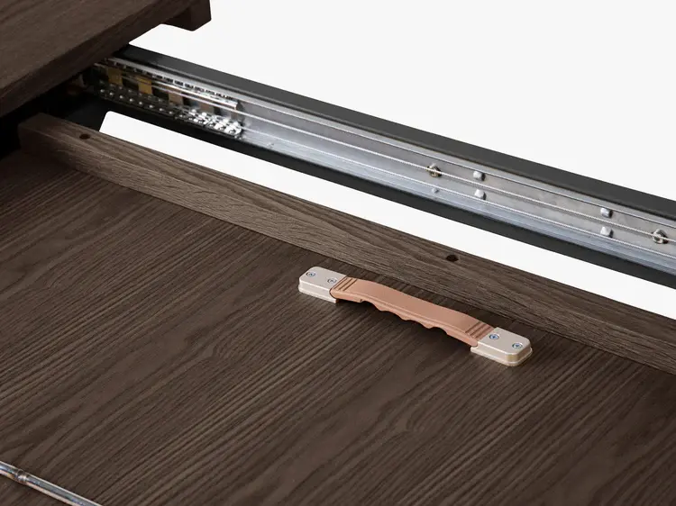 Detailný pohľad na posuvné mechanizmy, vďaka ktorým stôl ľahko rozložíte.