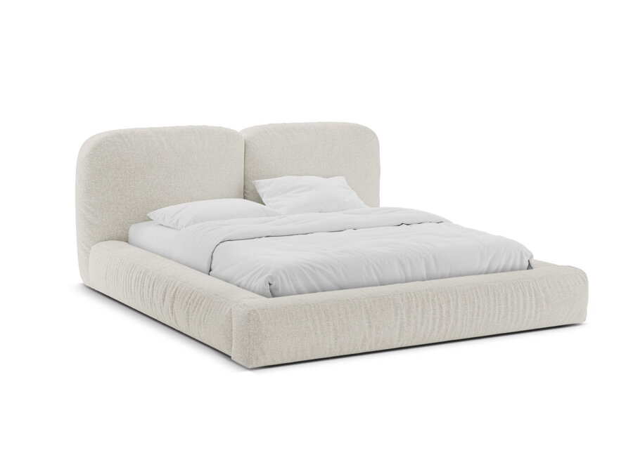 Sivobéžová čalúnená posteľ Martina s dvojitým čelom, s roštom a úložným priestorom.