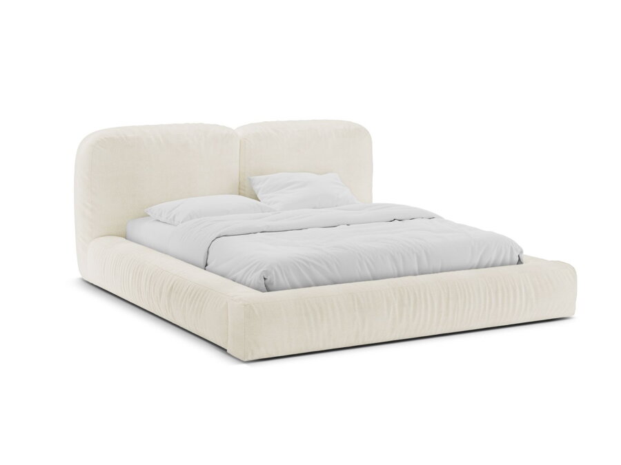 Biela čalúnená posteľ Martina s dvojitým čelom, s roštom a úložným priestorom.