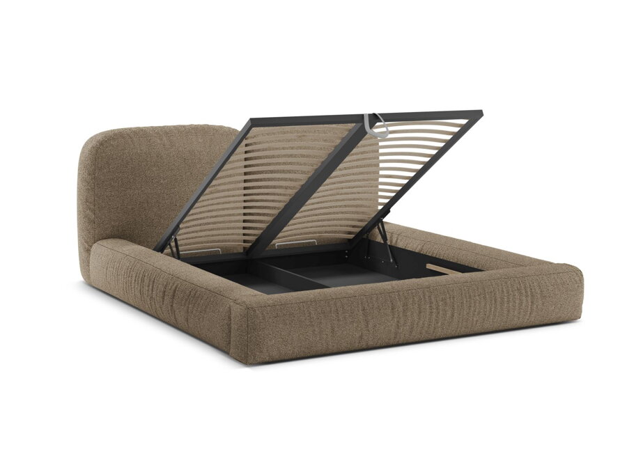 Svetlohnedá čalúnená posteľ Martina so zdvihnutým roštom a úložným priestorom.