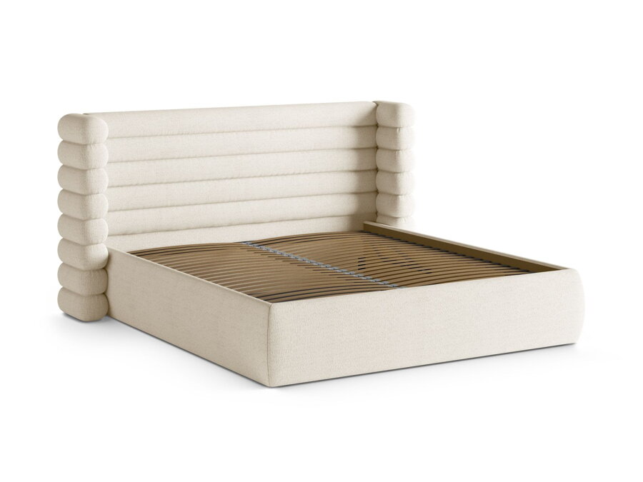 Posteľ Mount v čalúnení Bouclé v slonovinovej bielej farbe, s roštom a úložným priestorom.