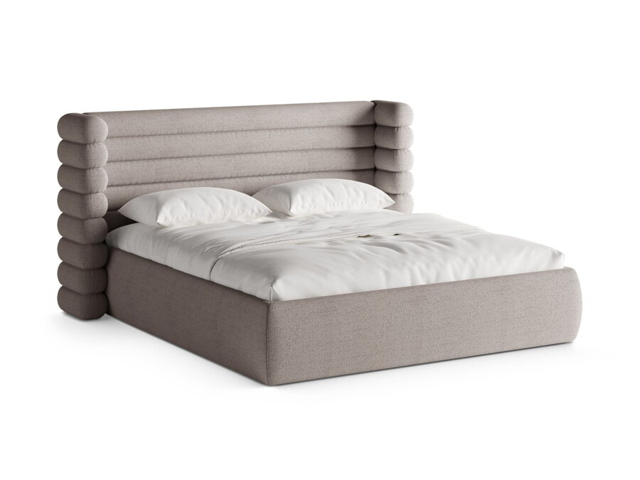 Ustlaná posteľ Mount v čalúnení Bouclé v teplej sivej farbe, s roštom a úložným priestorom.