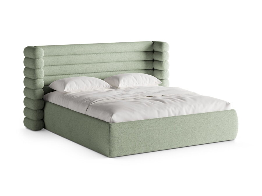 Ustlaná posteľ Mount v čalúnení Bouclé v pepermintovej farbe, s roštom a úložným priestorom.
