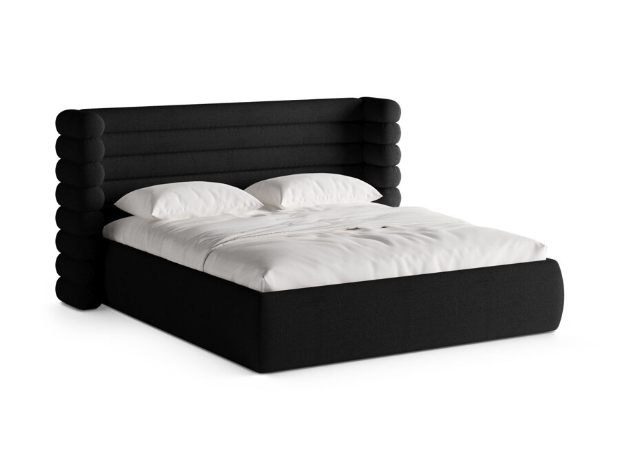 Ustlaná posteľ Mount v čalúnení Bouclé v čiernej farbe, s roštom a úložným priestorom.