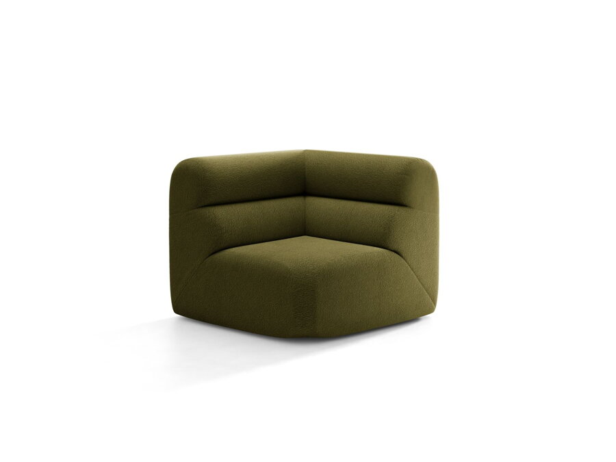 Rohový modul Neo v čalúnení Boucle (Baloo) v tmavej olivovej farbe.