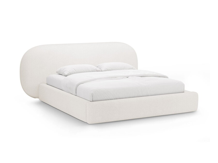 Manželská posteľ Ovalo v čalúnení Boucle béžovej farby.