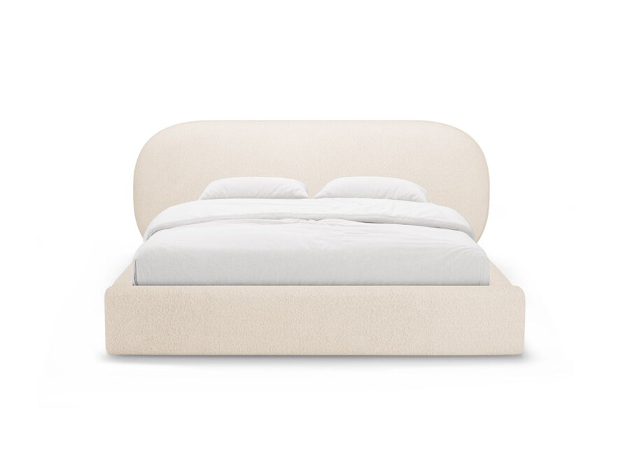 Posteľ Ovalo v čalúnení Boucle béžovej farby, s roštom a úložným priestorom.