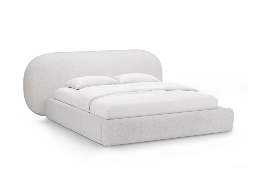 Manželská posteľ Ovalo v čalúnení Boucle svetlosivej farby.