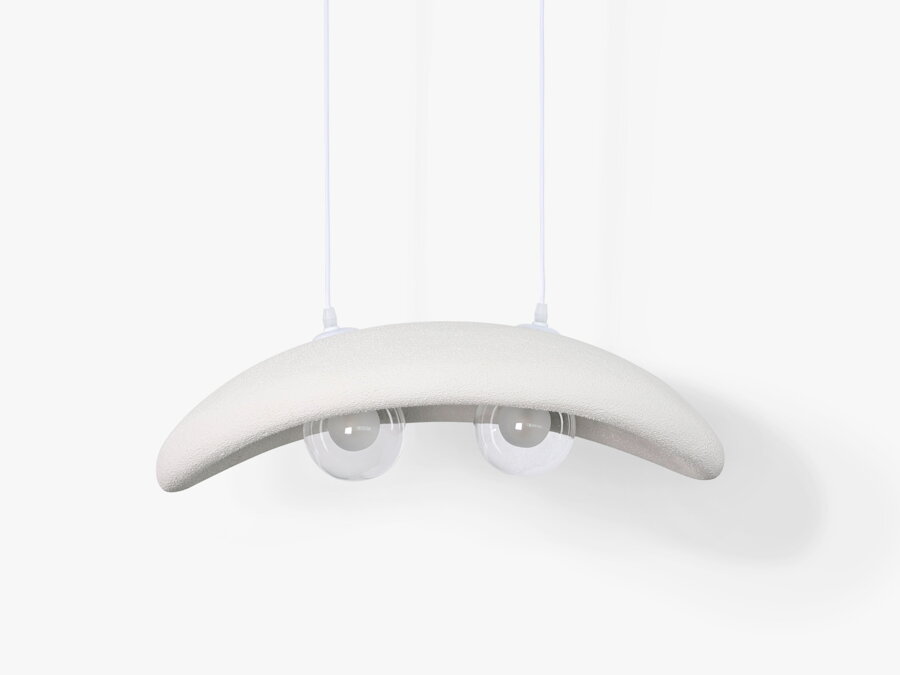 Štýlová biela závesná lampa Rut s tienidlom z vysoko odolného polystyrénu s mikro cementovou povrchovou úpravou.